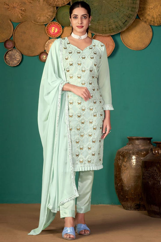 Georgette Fabric Festival Wear Sober Salwar Suit In Sea Green Color