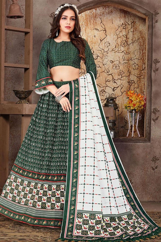 Satin Fabric Function Wear Printed Splendid Lehenga In Green Color