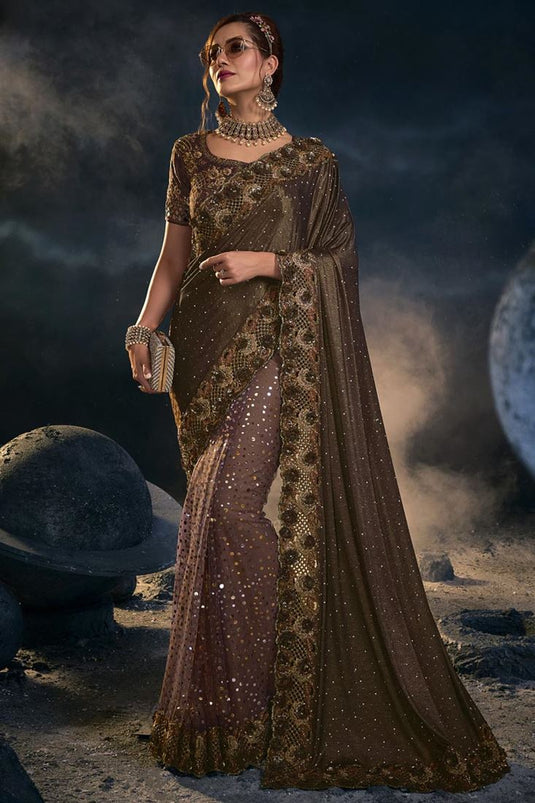 Art Silk Fabric Brown Color Wonderful Saree With Sequins Work