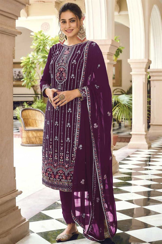 Purple Color Georgette Fabric Tempting Embroidered Salwar Suit