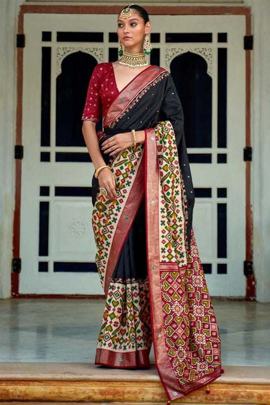 Black Color Fantastic Art Silk Fabric Patola Printed Saree