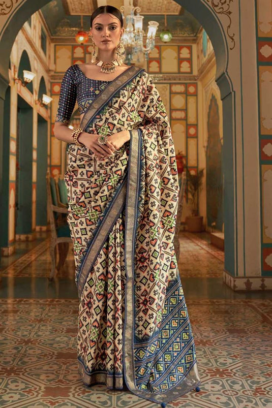 Patola Printed Work On Navy Blue Color Art Silk Fabric Stylish Saree