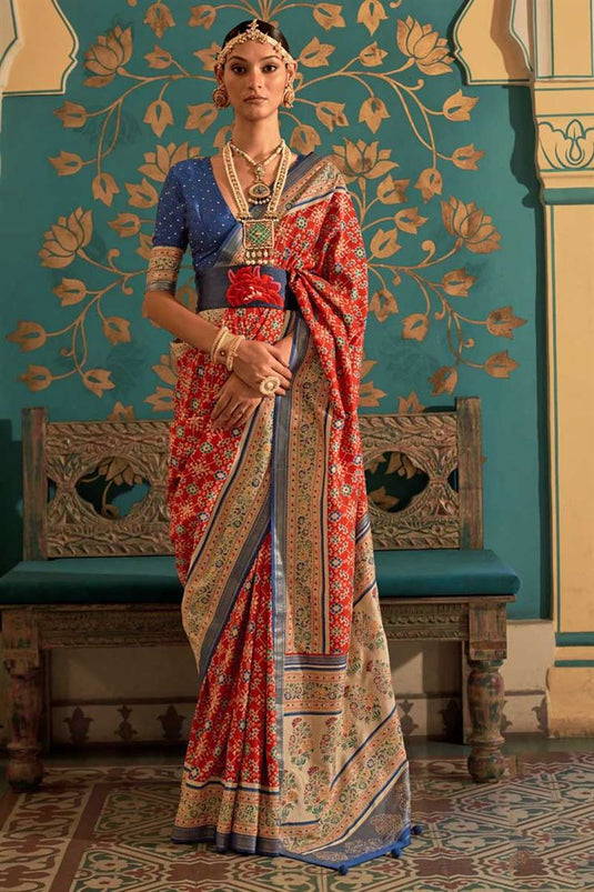 Patola Printed Work Art Silk Fabric Red Color Provocative Saree