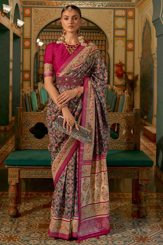 Art Silk Fabric Grey Color Aristocratic Patola Printed Work Saree