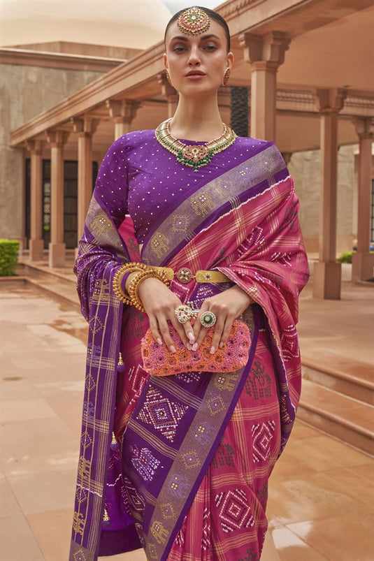 Brilliant Pink Color Art Silk Fabric Patola Printed Saree