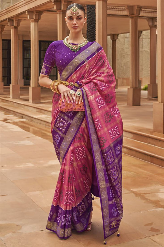 Brilliant Pink Color Art Silk Fabric Patola Printed Saree