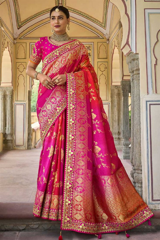 Silk Fabric Pink Color Wedding Wear Engrossing Saree