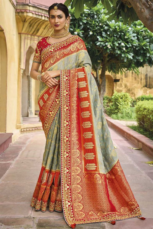 Silk Fabric Wedding Wear Intriguing Saree In Grey Color