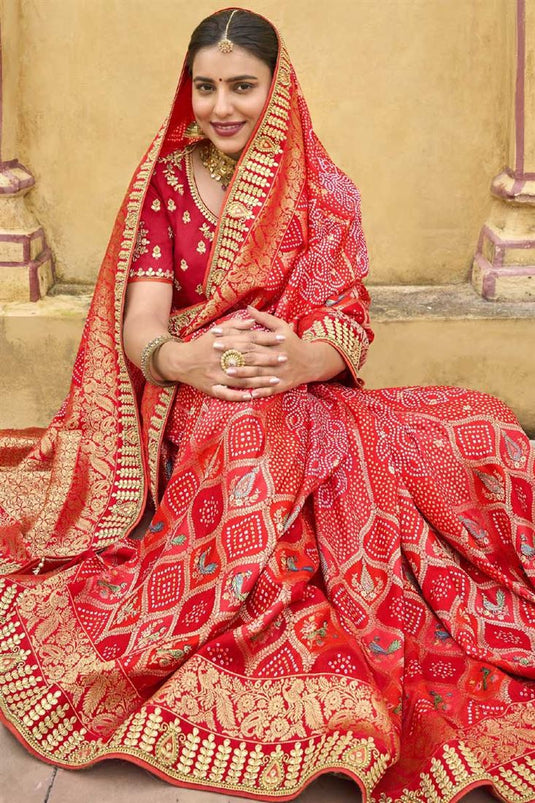 Silk Fabric Wedding Wear Superior Saree In Red Color