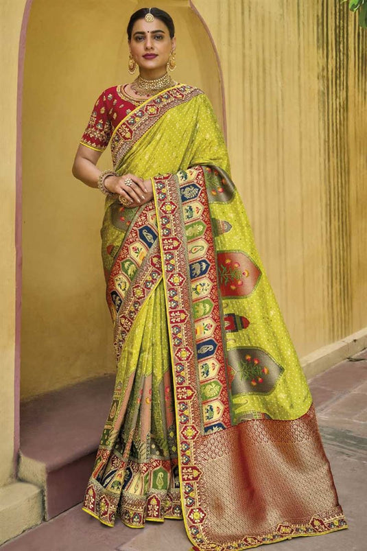 Silk Fabric Wedding Wear Beatific Saree In Green Color