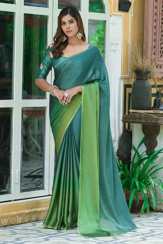 Marvellous Chinon Fabric Festive Look Two Tone Saree In Teal Color