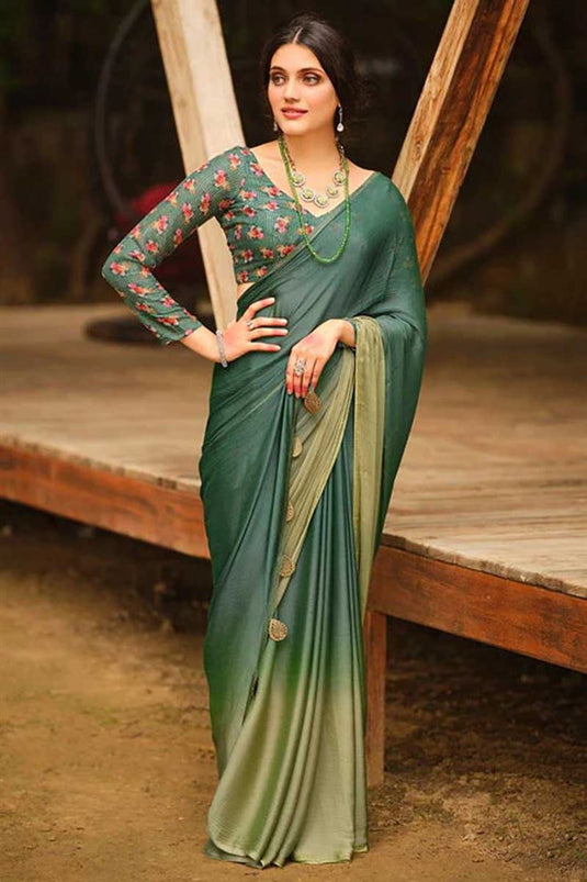 Festive Look Amazing Dark Green Color Chinon Fabric Two Tone Saree