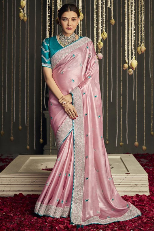 Entrancing Art Silk Fabric Kajal Aggarwal Saree In Pink Color