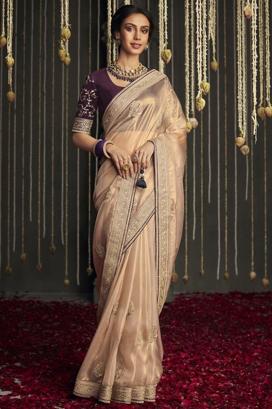 Party Look Tempting Art Silk Fabric Peach Color Saree