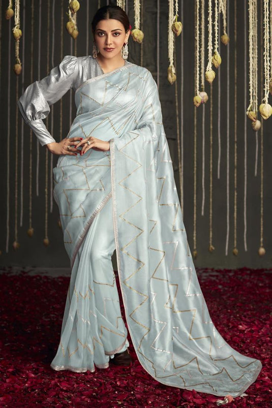 Solid Art Silk Fabric Kajal Aggarwal Saree In Light Cyan Color