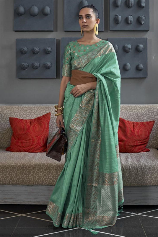 Wonderful Weaving Work Sea Green Saree In Art Silk Fabric