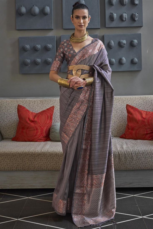 Dazzling Grey Weaving Work Saree In Art Silk Fabric