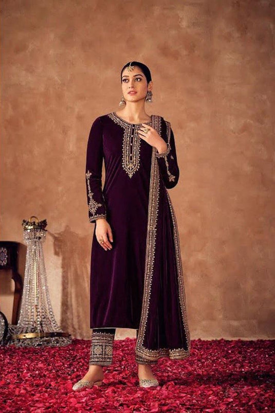 Velvet Fabric Enthralling Purple Color Embroidered Salwar Suit