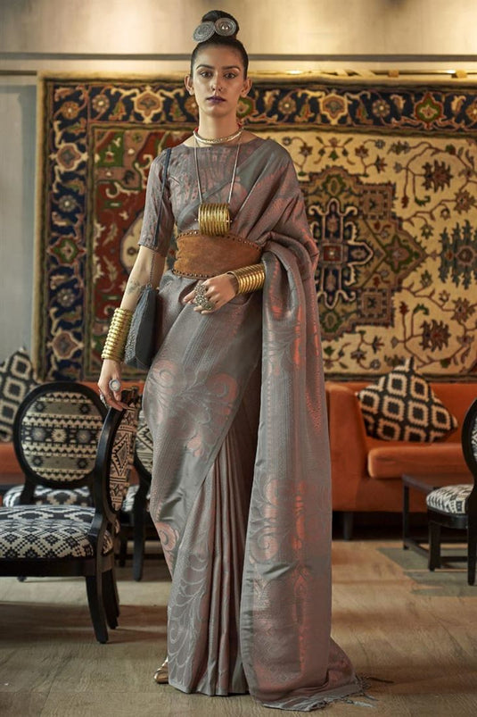 Grey Color Pleasant Weaving Designs Art Silk Saree