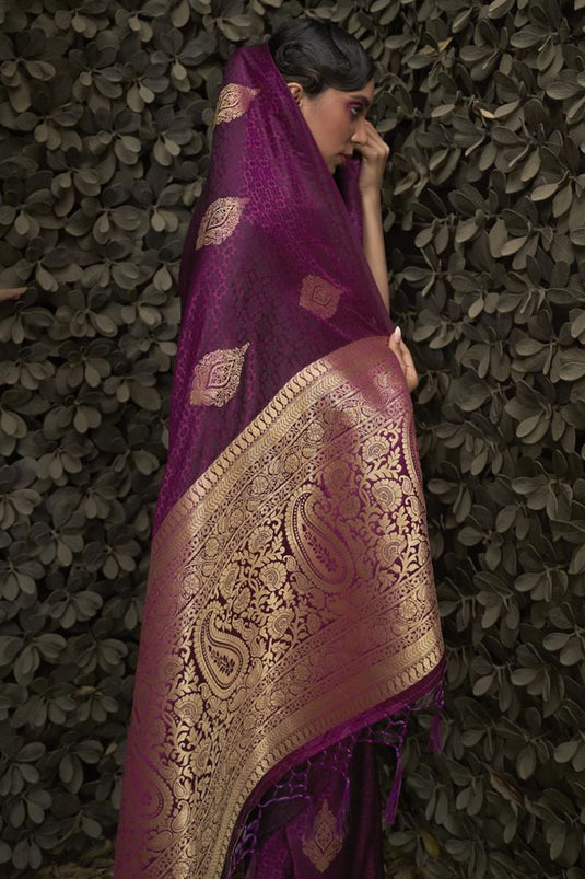 Awesome Weaving Work On Satin Silk Saree In Wine Color