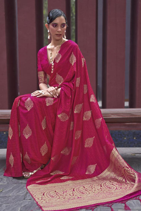 Ingenious Satin Silk Saree In Pink With Weaving Designs