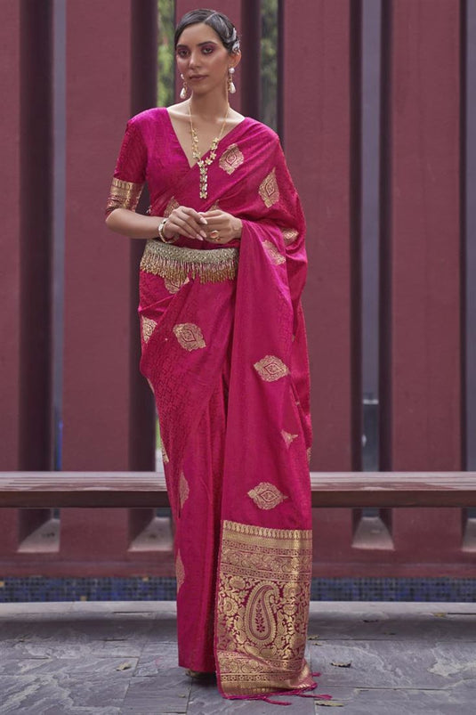 Ingenious Satin Silk Saree In Pink With Weaving Designs