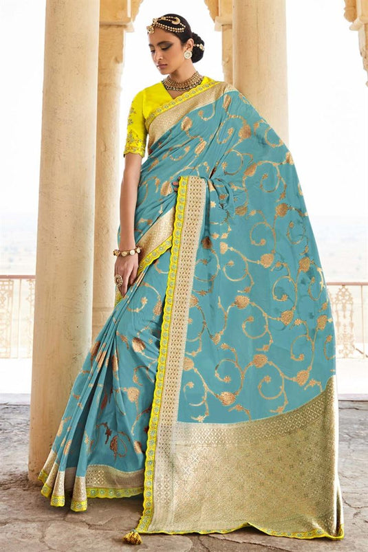 Weaving Work Brilliant Function Wear Silk Saree In Sky Blue Color