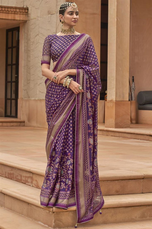 Incredible Printed Work On Brasso Fabric Purple Color Saree