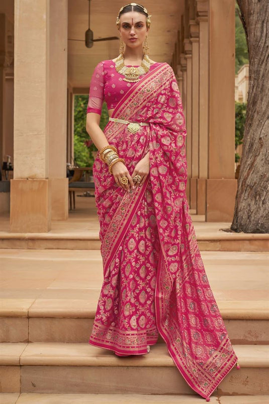 Soothing Printed Work On Pink Color Brasso Fabric Saree