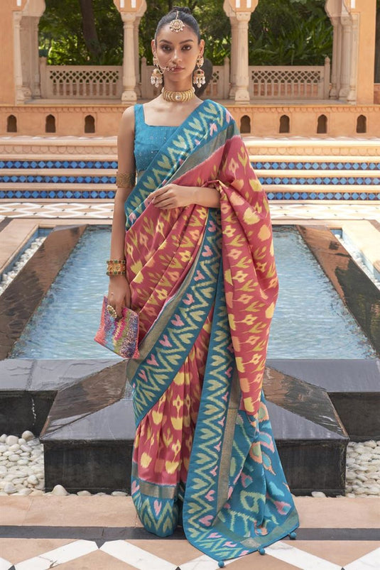 Radiant Printed Work On Peach Color Art Silk Fabric Patola Saree