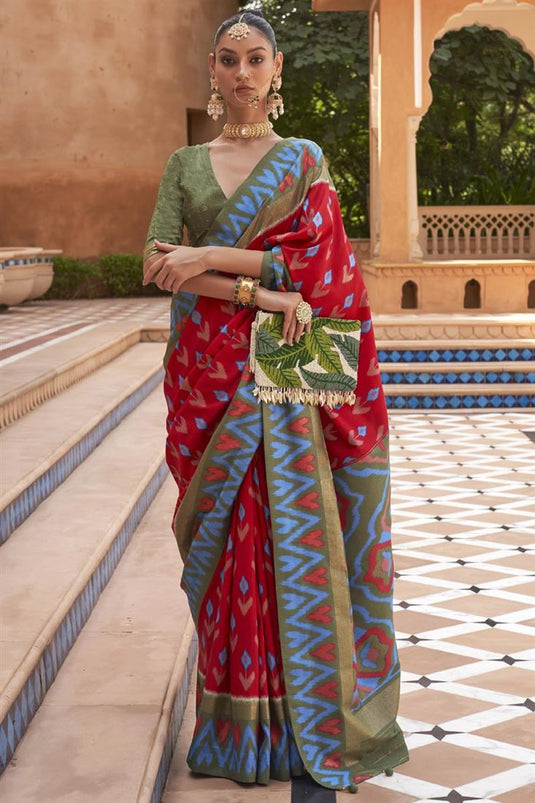 Engaging Red Color Art Silk Fabric Patola Saree With Printed Work