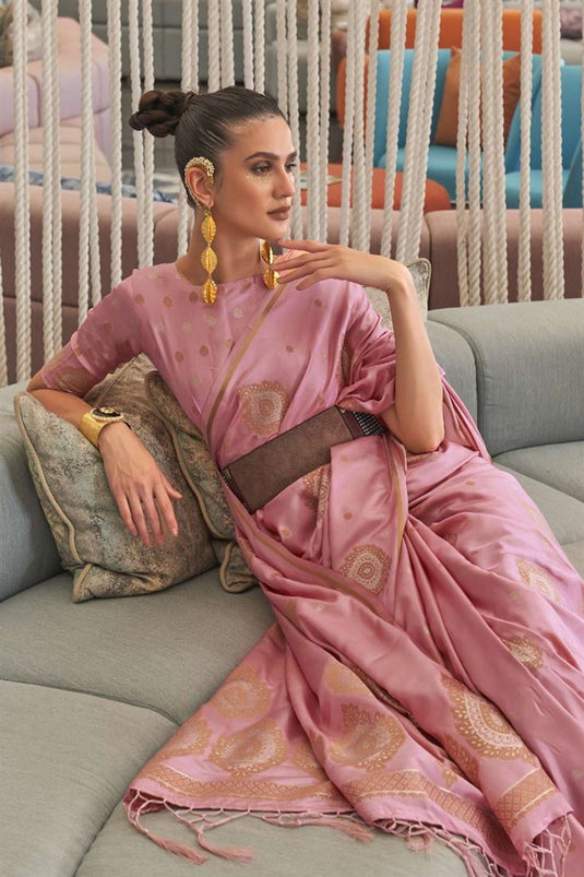 Satin Fabric Beguiling Pink Color Function Wear Saree