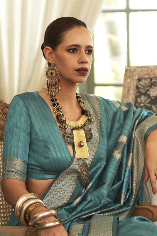 Kalki Koechlin Cyan Color Fascinating Weaving Designs Silk Saree