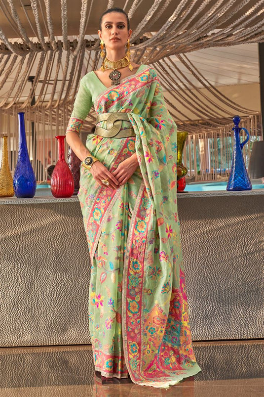 Sea Green Color Art Silk Fabric Function Look Vintage Printed Saree