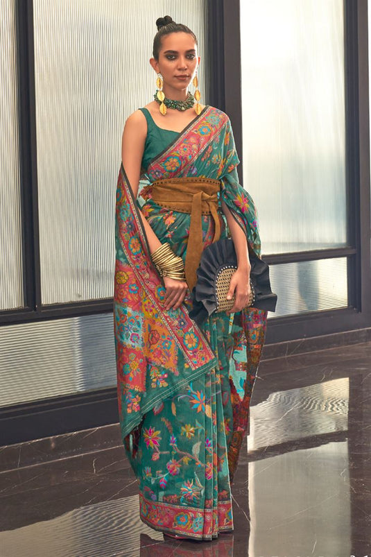 Art Silk Fabric Function Look Brilliant Printed Saree In Green Color