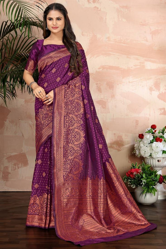 Festive Look Trendy Purple Color Saree In Banarasi Silk Fabric