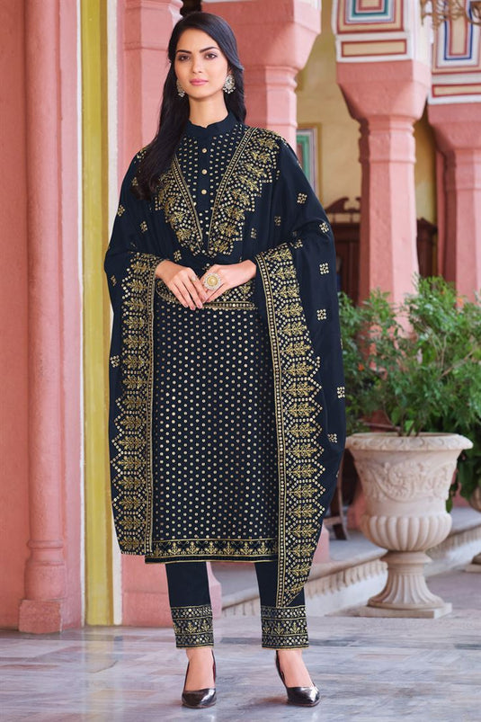 Navy Blue Color Georgette Fabric Sequins Work Tempting Salwar Suit