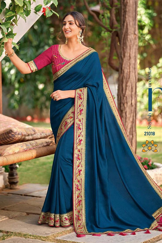 Teal Color Border Work On Art Silk Fabric Festival Wear Riveting Saree