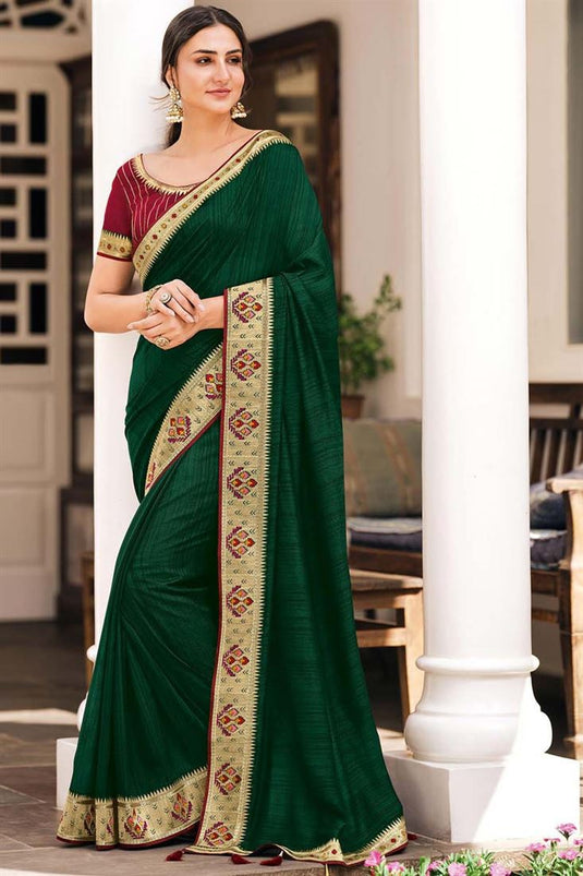 Art Silk Fabric Dark Green Color Festival Wear Imperial Saree With Border Work