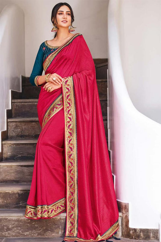 Sober Border Work On Festival Wear Art Silk Fabric Saree In Rani Color