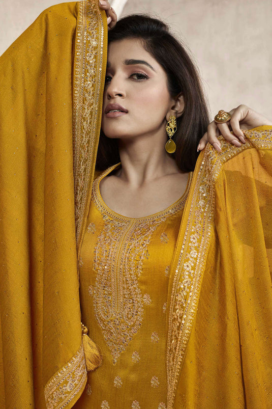 Nidhi Shah Embroidered Mustard Color Salwar Kameez In Georgette Silk Fabric