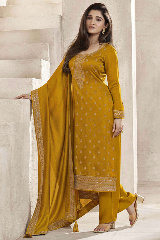 Nidhi Shah Embroidered Mustard Color Salwar Kameez In Georgette Silk Fabric