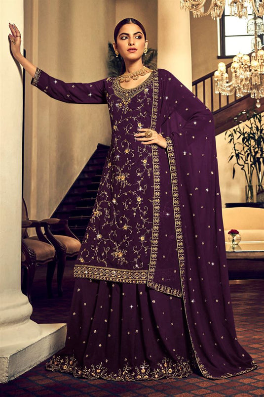 Tempting Georgette Fabric Purple Color Sharara Top Lehenga With Embroidered Work
