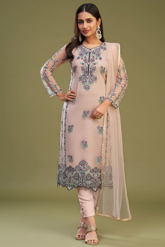 Festive Wear Embroidered Designer Straight Cut Salwar Suit In Net Fabric