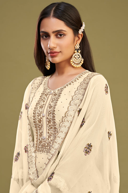 Beguiling Embroidered Work On Beige Color Georgette Salwar Suit