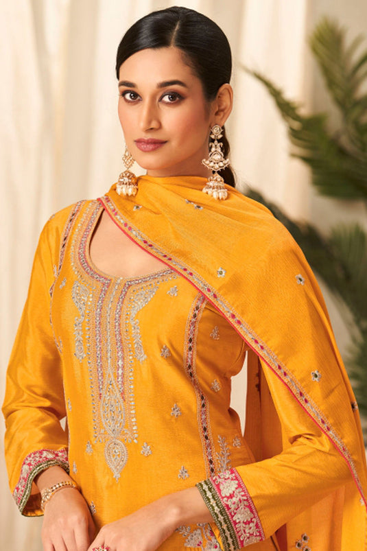 Chinon Fabric Yellow Color Engaging Readymade Palazzo Suit