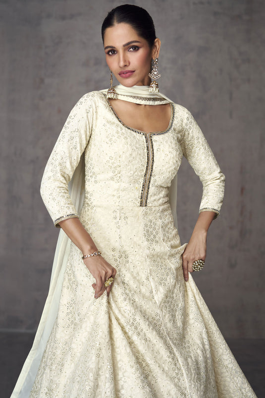 Embroidered White Color Readymade Anarkali Style Long Gown With Dupatta