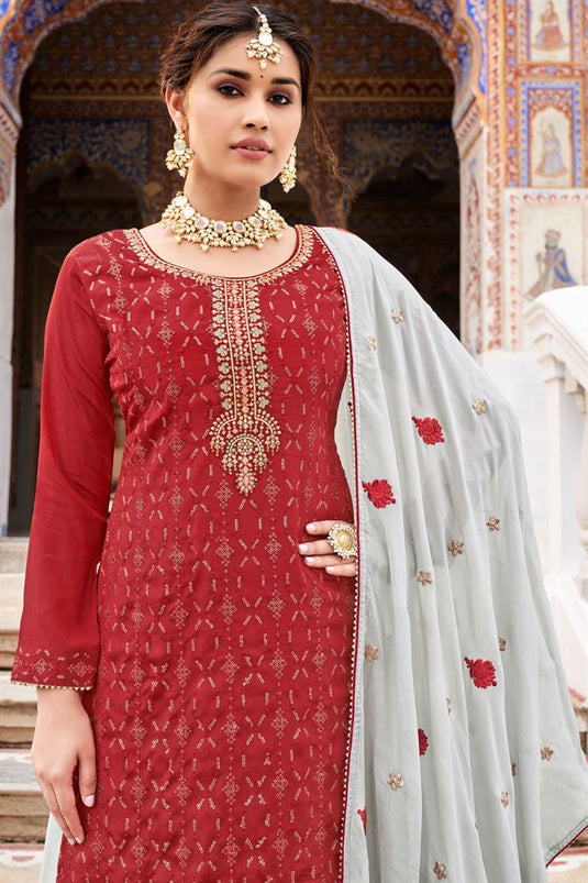 Red Color Festival Wear Engrossing Palazzo Suit In Chinon Fabric