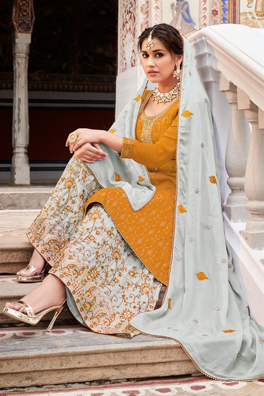 Astounding Mustard Color Chinon Fabric Festival Wear Palazzo Suit