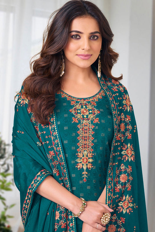 Embroidered Teal Color Salwar Kameez In Georgette Chiffon Fabric